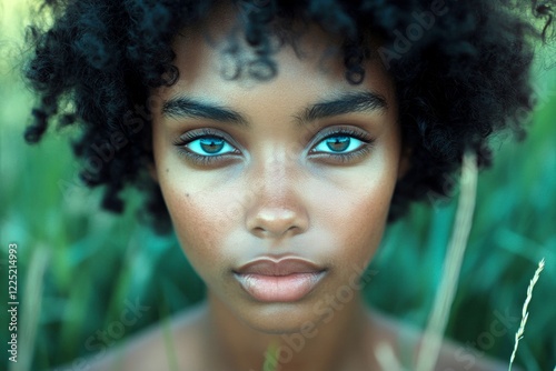 Short coiffure - curly hair. Lovely calm black girl - for ads, billboard and web use. Commercial digital ads concept pattern. Bold african american beauty. Black woman in artistic portraiture.