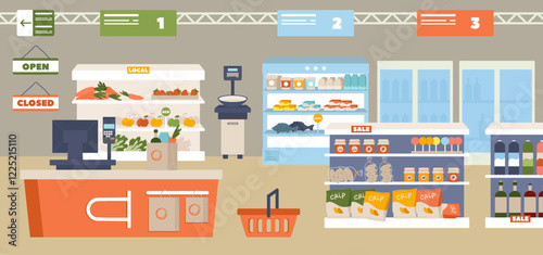 Grocery store interior, supermarket food department design, product market indoor background