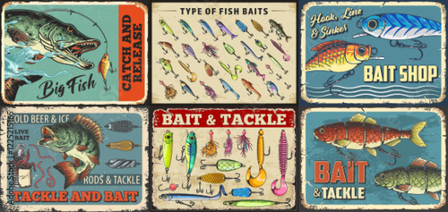 Colorful vintage bait shop advertising signs