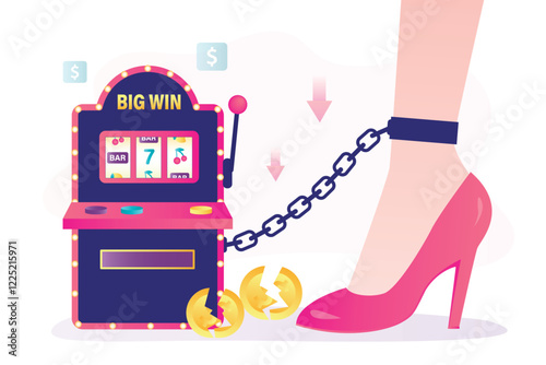 Woman leg in high heels chained to slot machine surrounded broken money, financial loss. Gambling game addiction, casino dependence.