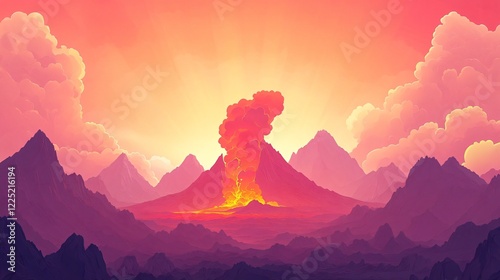 Majestic volcano eruption with smoke and lava flowing on mountain landscape in red hues
