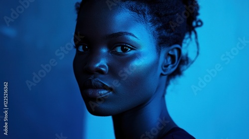 Close-up portrait of a young Black woman illuminated by blue light, looking directly at the camera.