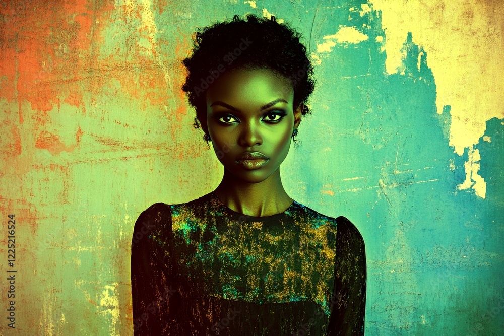 Fototapeta premium Commercial promotion creative. Short trim - highlighted hair. Stunning calm black girl - for ads, advertisement and online marketing use. Black girl advertising. African american woman style.