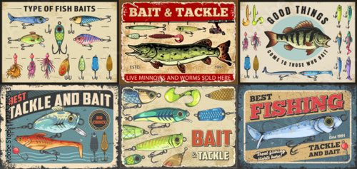 Vintage fishing signs with tackle details