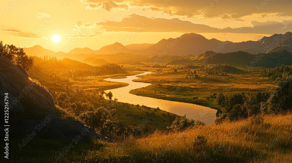Fototapeta premium Scenic sunset over a winding river in a mountain valley.