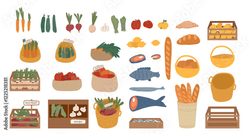 Natural organic food, vegetables and fruits, fish and bread products for farmers street local market