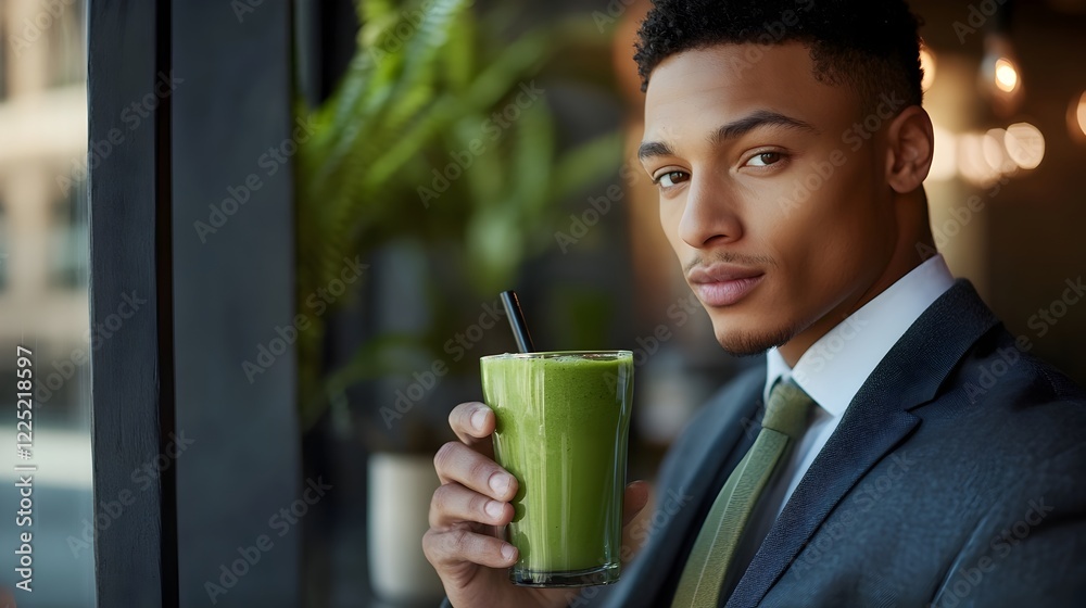 Determined Corporate Professional Enjoying Refreshing Green Smoothie Break in Minimalist Office Setting Determined Corporate Professional Enjoying Refreshing Green Smoothie Break in Minimalist Office Setting