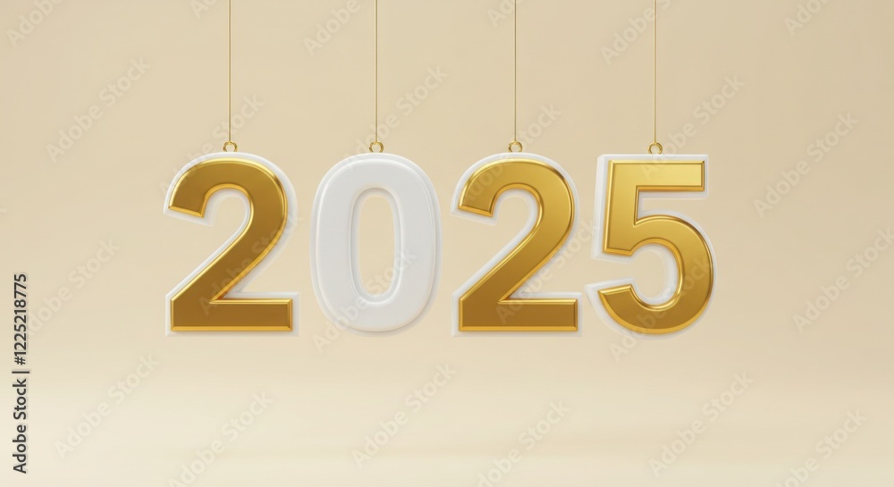 2025 New Year Hanging Gold and White Numbers on Beige Background 2025 New Year Hanging Gold and White Numbers on Beige Background