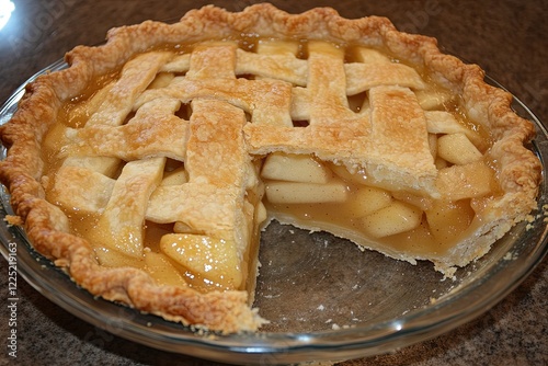 A simple apple pie with a flaky crust and a slice removed to reveal the filling