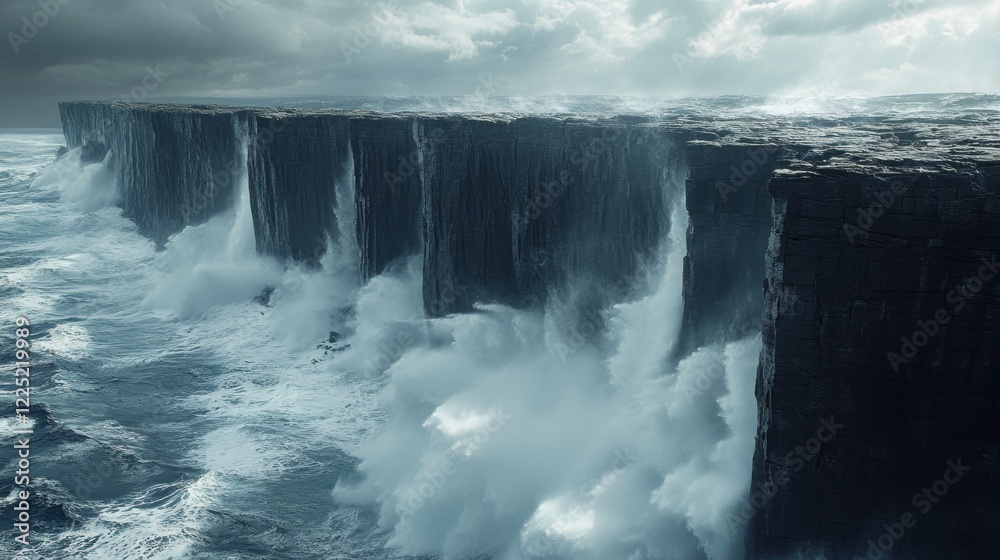 Dramatic Coastal Cliffs with Powerful Waves and Cloudy Sky Dramatic Coastal Cliffs with Powerful Waves and Cloudy Sky