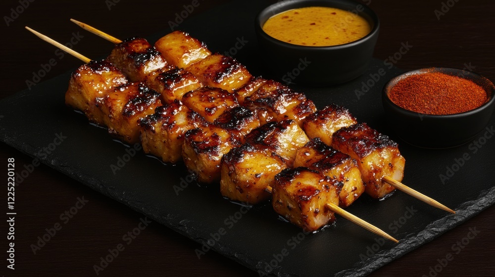Delicious Grilled Skewers with Dipping Sauces on Dark Plate Delicious Grilled Skewers with Dipping Sauces on Dark Plate
