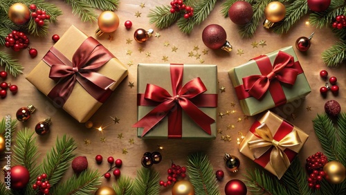Festive Holiday Gifts Wrapped in Gold and Green with Red Ribbons, Adorned with Ornaments and Evergreen Branches