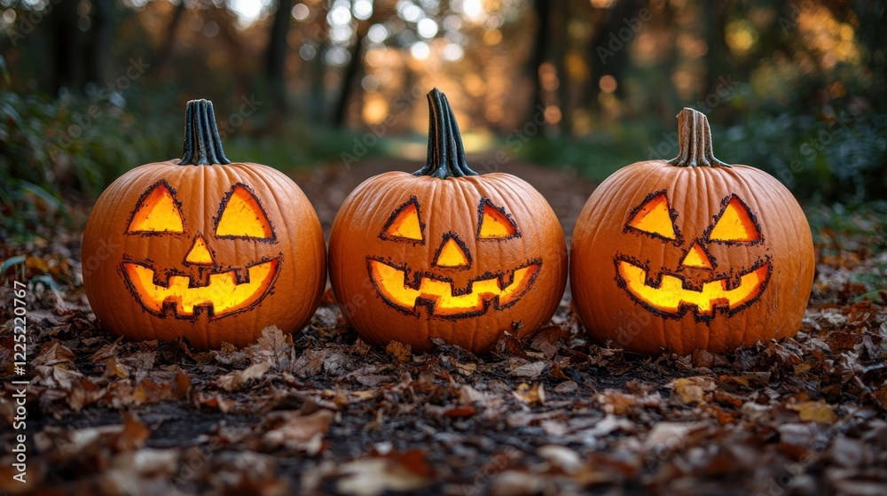 Spooky Halloween Jack-o'-lanterns in Autumnal Forest Spooky Halloween Jack-o'-lanterns in Autumnal Forest