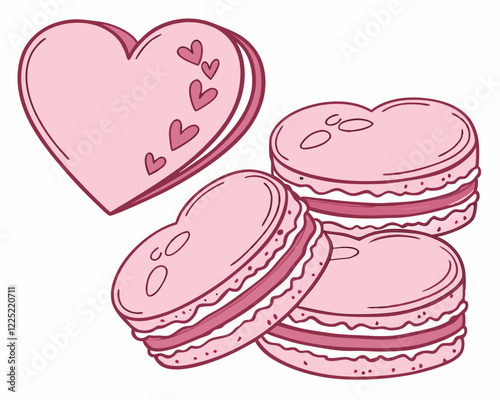 Heart shaped pink macaroons and cookies isolated on white background.