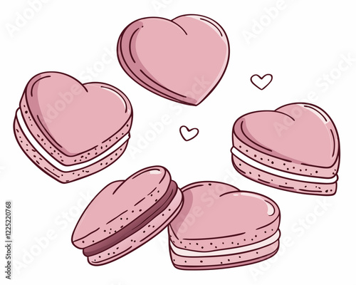 Heart shaped pink macaroons and cookies isolated on white background.