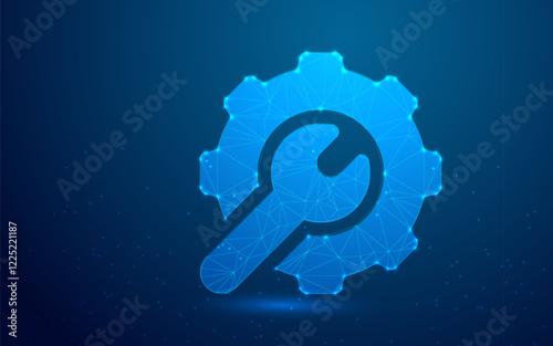 Technology Gears with Low Poly Background, Futuristic Digital Mechanism in Glowing Blue, Symbolizing Innovation, Automation, and Progress
