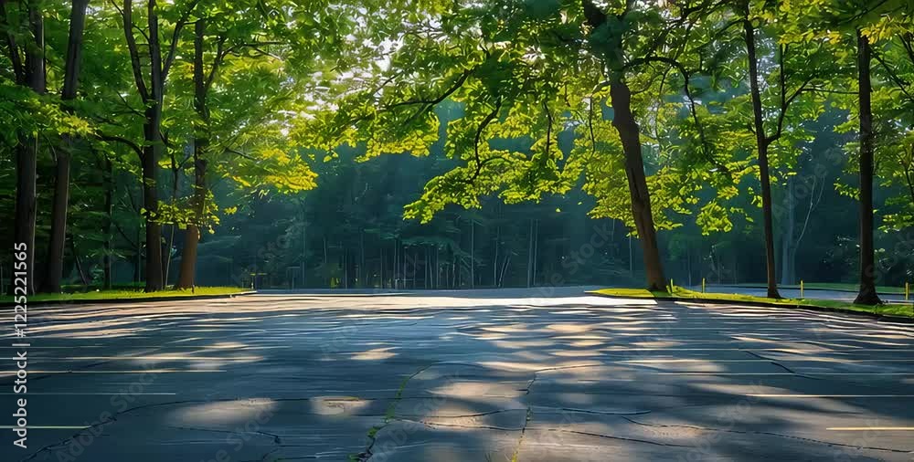 A tranquil forest with sunlight filtering through vibrant green trees, illuminating an empty asphalt path in a serene setting.