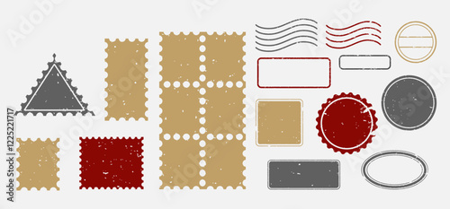 Grunge post stamps different forms and sizes for mail envelop and postmarks vector illustration
