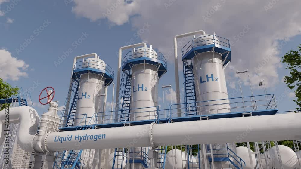Hydrogen Liquefaction Plant. Facility designed to convert gaseous hydrogen into its liquid form through a cooling and compressing the gas. Time lapse. 3D rendering