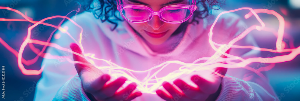 Obraz premium Woman in Neon Light, Holding Glowing Energy