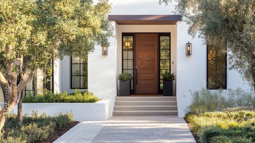 Sleek and modern house entryway with a solid wood door, crisp white facade, and elegant outdoor fixtures