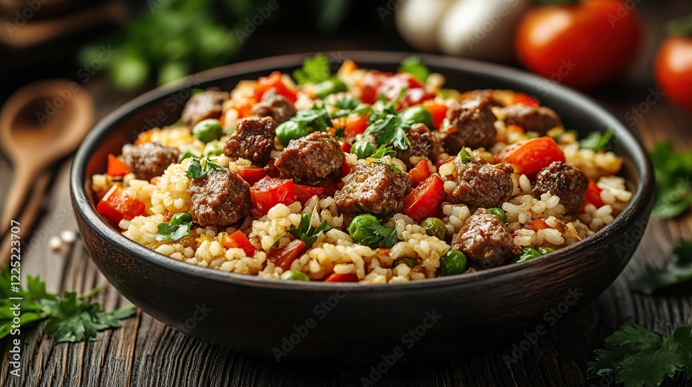 Beef and vegetable rice bowl, rustic kitchen setting, healthy meal Beef and vegetable rice bowl, rustic kitchen setting, healthy meal