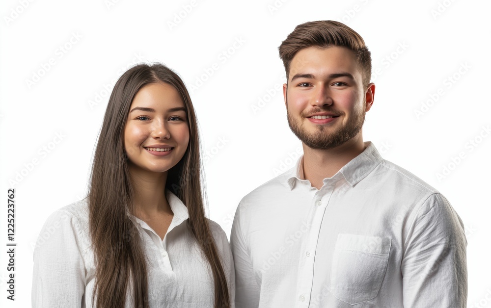 The man and woman casual attire business shirt and warm smiles highlight a simple yet strong business partnership standing together on white background. The man and woman casual attire business shirt and warm smiles highlight a simple yet strong business partnership standing together on white background.