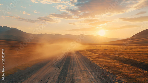 serene sunset over dusty road, surrounded by mountains and golden fields, evokes sense of adventure and tranquility