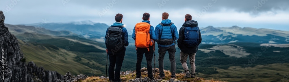 Four friends pause their hike, captivated by the breathtaking vista before them Though not shown in this image, Imagine them later entering a hidden cave, illuminated by headlamps Sunlight filters Four friends pause their hike, captivated by the breathtaking vista before them Though not shown in this image, Imagine them later entering a hidden cave, illuminated by headlamps Sunlight filters