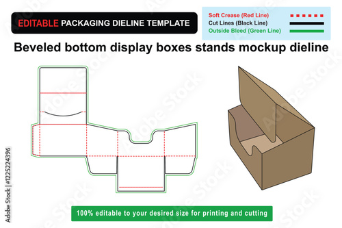 Customizable beveled bottom display stand mockup dielines, Mockup Dieline, Retail Packaging, Box Mockup, Custom Dieline, die cut template, printable dielines, box dimensions, box layout