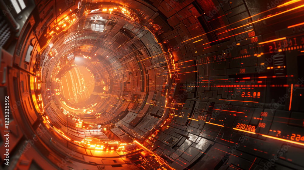 Fototapeta premium Futuristic tunnel with glowing orange lights and digital patterns, creating sci fi atmosphere. intricate design evokes sense of technology and innovation