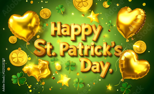 St. Patrick's Day abstract green background decorated with shamrock leaves. Patrick Day pub party celebrating. Abstract Beer art design magic backdrop. Widescreen clovers on black with copy space photo