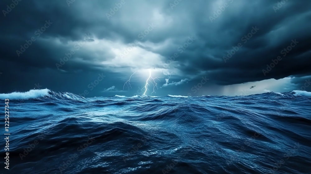 Fototapeta premium Stormy ocean, dark waves with lightning in the distance, 3D illustration