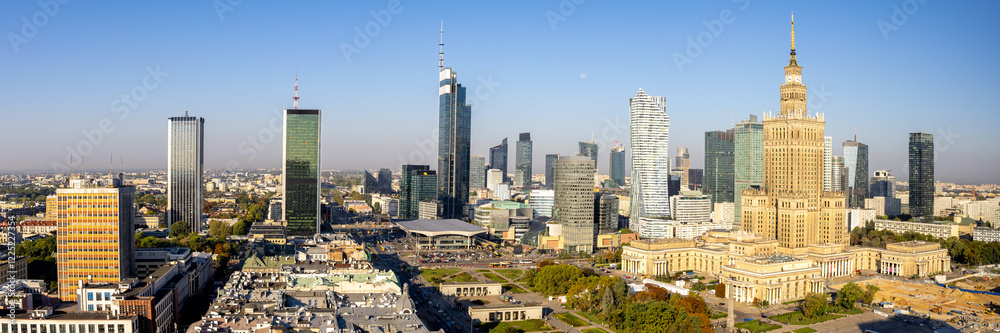 Warsaw skyline skyscraper panorama with Palace of Culture and Science in downtown in Warsaw, Poland