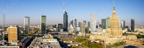 Obraz na płótnie Warsaw skyline skyscraper panorama with Palace of Culture and Science in downtown in Warsaw, Poland w salonie
