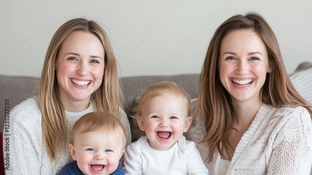 Happy family portrait two mothers and their babies smiling on a couch Happy family portrait two mothers and their babies smiling on a couch