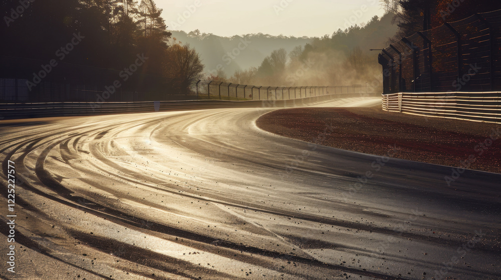 Fototapeta premium winding race track with wet asphalt reflecting sunlight, surrounded by trees and mist. scene captures essence of speed and anticipation in motorsport