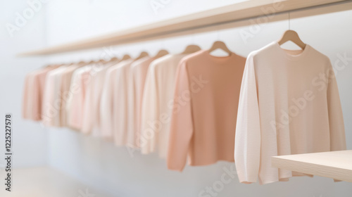 Soft pastel sweaters hanging on minimalist display rack in boutique
