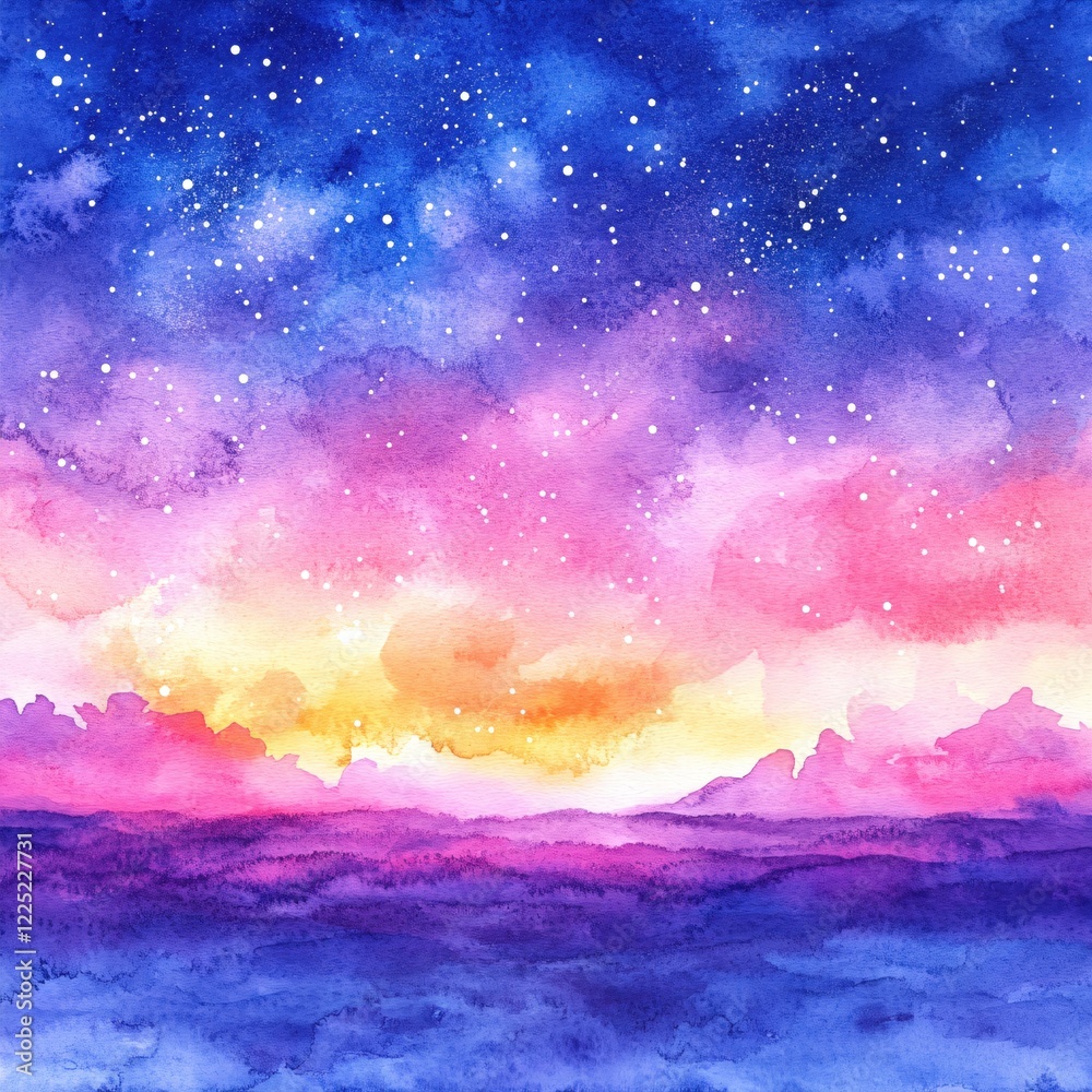 Fototapeta premium Watercolor sky with stars and colorful clouds in shades of blue purple pink and yellow
