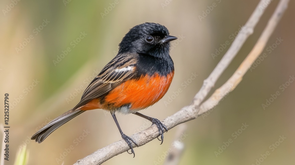 Vibrant male bird perched on a branch, showcasing its colorful plumage in a natural setting Vibrant male bird perched on a branch, showcasing its colorful plumage in a natural setting