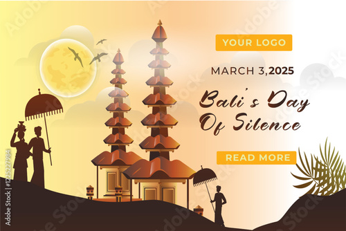 Bali Silent Day and Hindu New Year Vector Illustration, Bali Temple Poster and Banner, Happy Nyepi Day