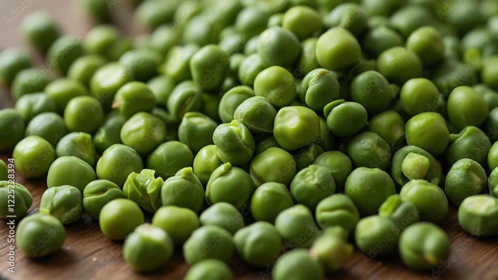 Fresh green peas scattered on wooden surface for cooking and meal preparation Fresh green peas scattered on wooden surface for cooking and meal preparation