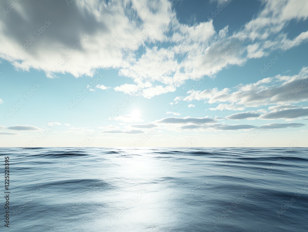 Vast ocean expanse, distant waves under cloudy skies, 3D illustration Vast ocean expanse, distant waves under cloudy skies, 3D illustration