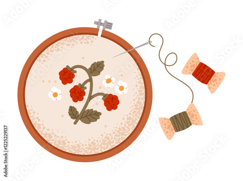 Embroidery hoop with a floral raspberry design, featuring thread. Handmade crafts and knitting hobbies. Flat vector illustration.
