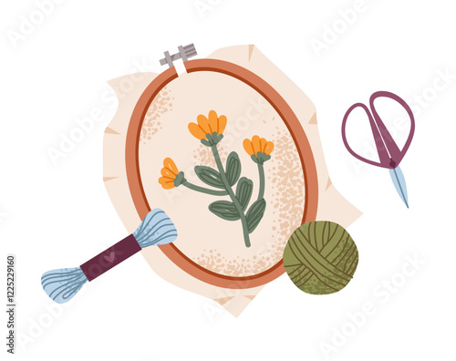 A cozy vector illustration of an embroidery hoop with a flower design. Knitting, crocheting, and handcraft hobbies.