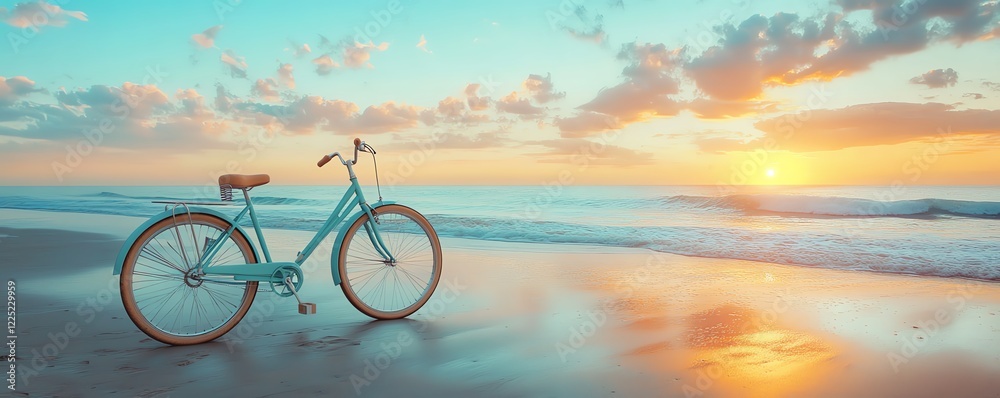Fototapeta premium Blue retro bicycle on beach at sunrise, calm ocean and warm sand, travel and freedom concept, soft pastel colors, ultrarealistic, highdefinition