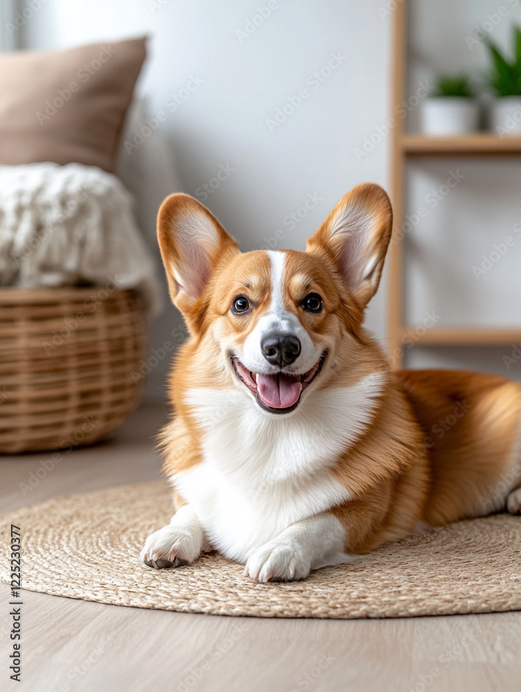Happy corgi relaxing indoors on a woven rug Happy corgi relaxing indoors on a woven rug