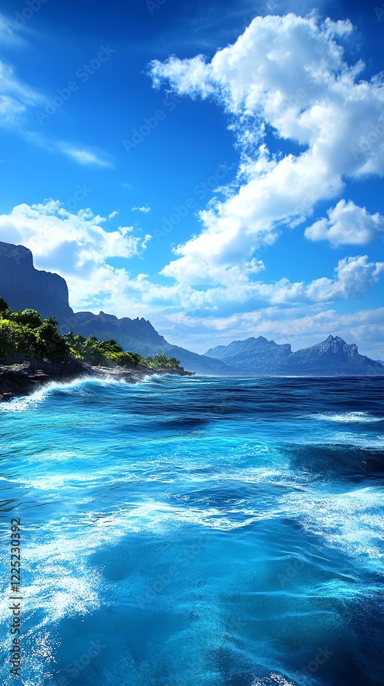 Fototapeta premium Island view, waves crashing on a tropical coastline, 3D illustration