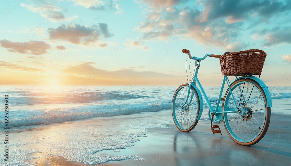 Obraz premium Classic blue bicycle with wicker basket on the beach, vibrant ocean waves, retro travel lifestyle concept, soft golden hour lighting, ultrarealistic details