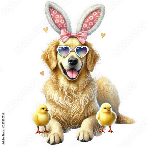 Golden Retriever wearing floral bunny ears, a pink bow, and heart-shaped sunglasses, sitting alongside two fluffy yellow chicks on a clean white background. 
